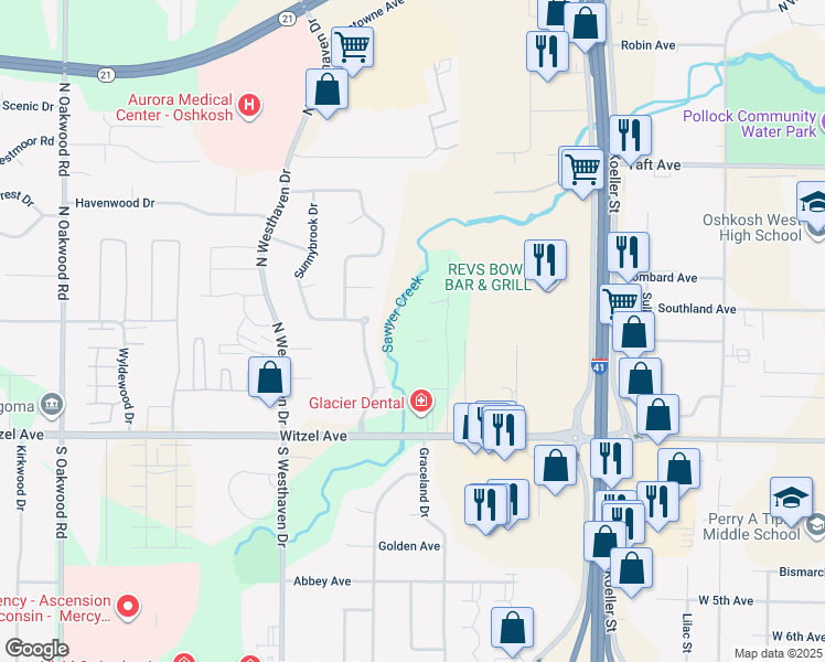map of restaurants, bars, coffee shops, grocery stores, and more near 220 Lake Pointe Drive in Oshkosh