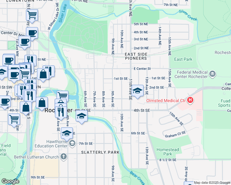 map of restaurants, bars, coffee shops, grocery stores, and more near 232 9th Avenue Northeast in Rochester