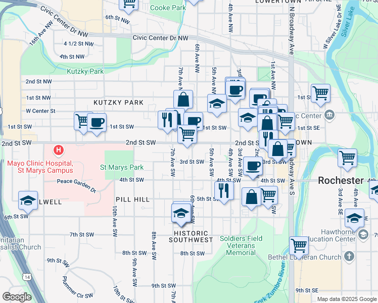 map of restaurants, bars, coffee shops, grocery stores, and more near 229 6th Avenue Southwest in Rochester