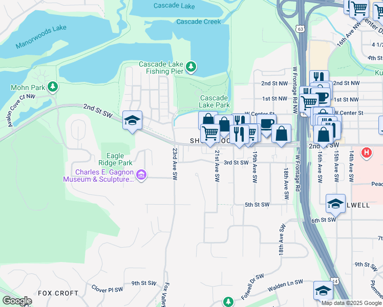 map of restaurants, bars, coffee shops, grocery stores, and more near 364 22nd Avenue Southwest in Rochester