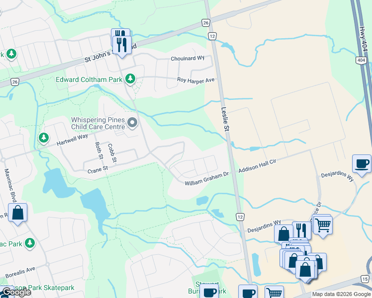 map of restaurants, bars, coffee shops, grocery stores, and more near 96 Warren McBride Crescent in Aurora