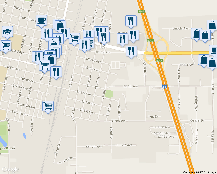 map of restaurants, bars, coffee shops, grocery stores, and more near 511 Southeast 5th Avenue in Ontario
