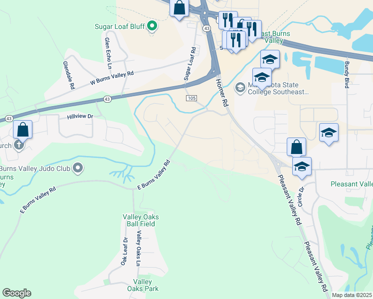 map of restaurants, bars, coffee shops, grocery stores, and more near 1420 East Burns Valley Road in Winona