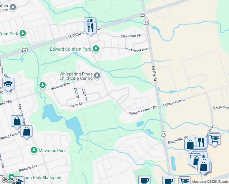 map of restaurants, bars, coffee shops, grocery stores, and more near 11 Warren McBride Crescent in Aurora
