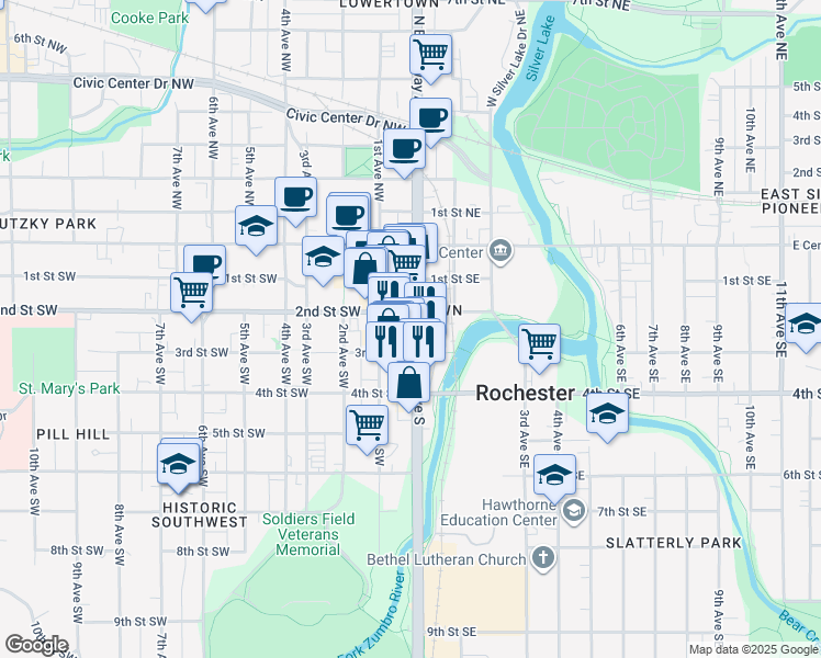 map of restaurants, bars, coffee shops, grocery stores, and more near 311 Broadway Avenue South in Rochester