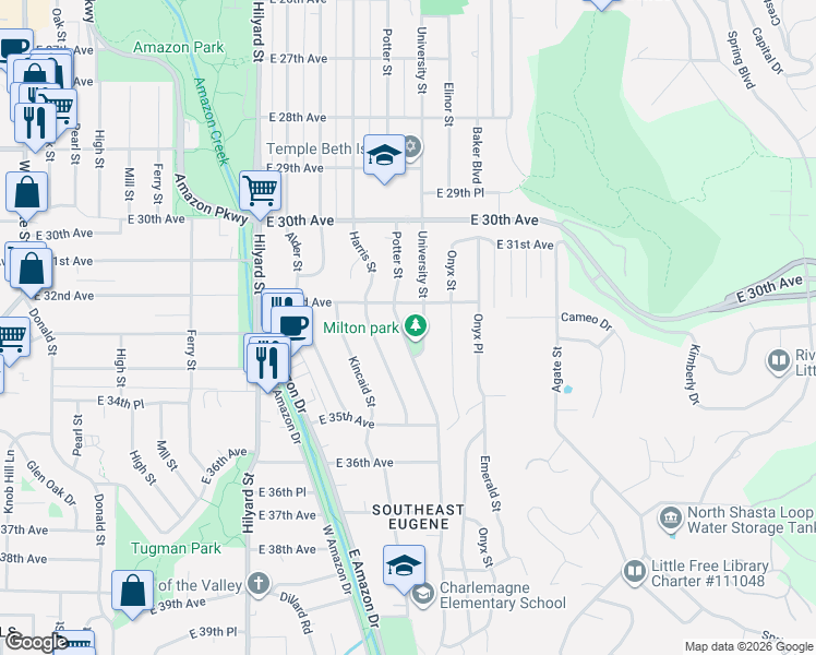 map of restaurants, bars, coffee shops, grocery stores, and more near 3385 University Street in Eugene