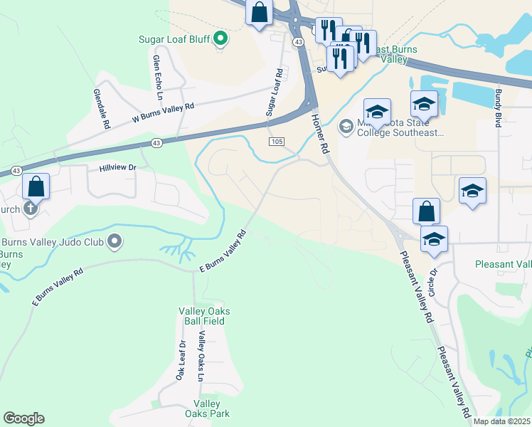 map of restaurants, bars, coffee shops, grocery stores, and more near 1420 East Burns Valley Road in Winona