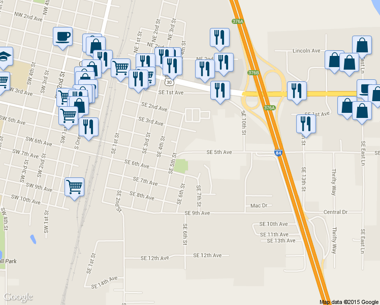 map of restaurants, bars, coffee shops, grocery stores, and more near 520 Southeast 5th Avenue in Ontario