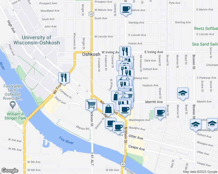 map of restaurants, bars, coffee shops, grocery stores, and more near 511 Central Street in Oshkosh