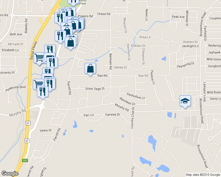 map of restaurants, bars, coffee shops, grocery stores, and more near 61146 Benham Road in Bend