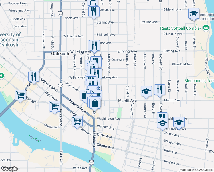 map of restaurants, bars, coffee shops, grocery stores, and more near 524 Jefferson Street in Oshkosh