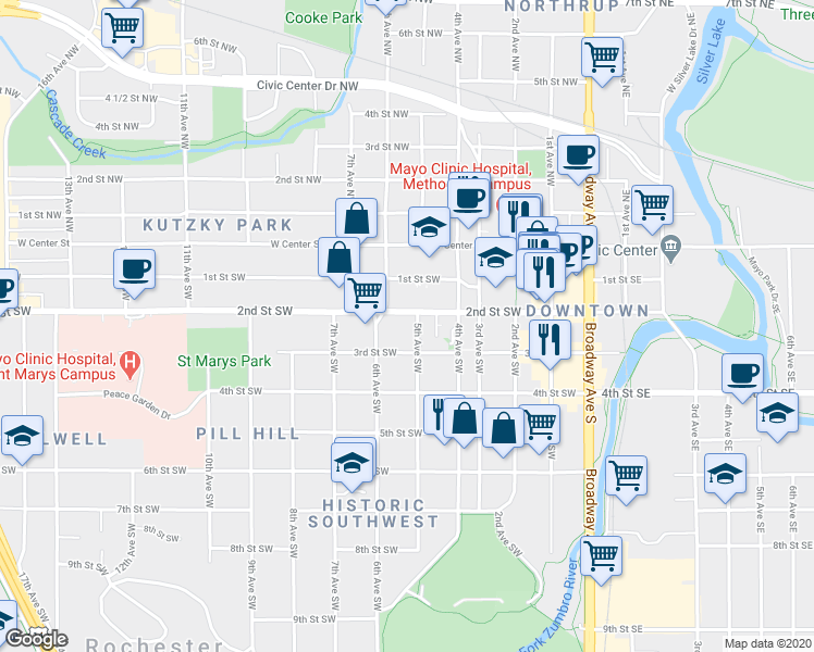 map of restaurants, bars, coffee shops, grocery stores, and more near 207 5th Avenue Southwest in Rochester