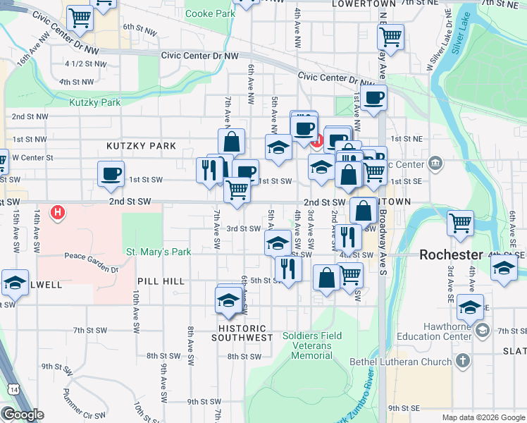 map of restaurants, bars, coffee shops, grocery stores, and more near 525 3rd Street Southwest in Rochester