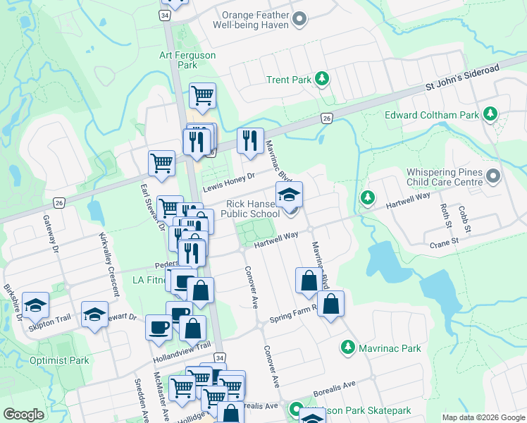 map of restaurants, bars, coffee shops, grocery stores, and more near 47 Wallwark Street in Aurora