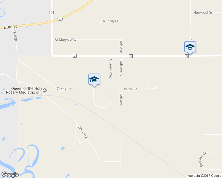 map of restaurants, bars, coffee shops, grocery stores, and more near Queens Way in Necedah