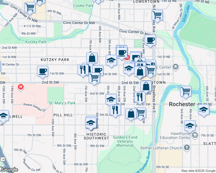 map of restaurants, bars, coffee shops, grocery stores, and more near 525 3rd Street Southwest in Rochester