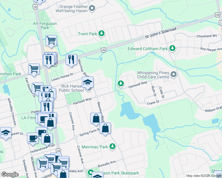 map of restaurants, bars, coffee shops, grocery stores, and more near 88 Cosford Street in Aurora