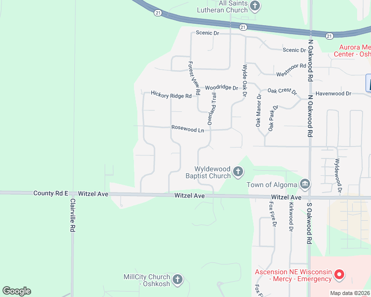 map of restaurants, bars, coffee shops, grocery stores, and more near 160 Wyldeberry Lane in Oshkosh