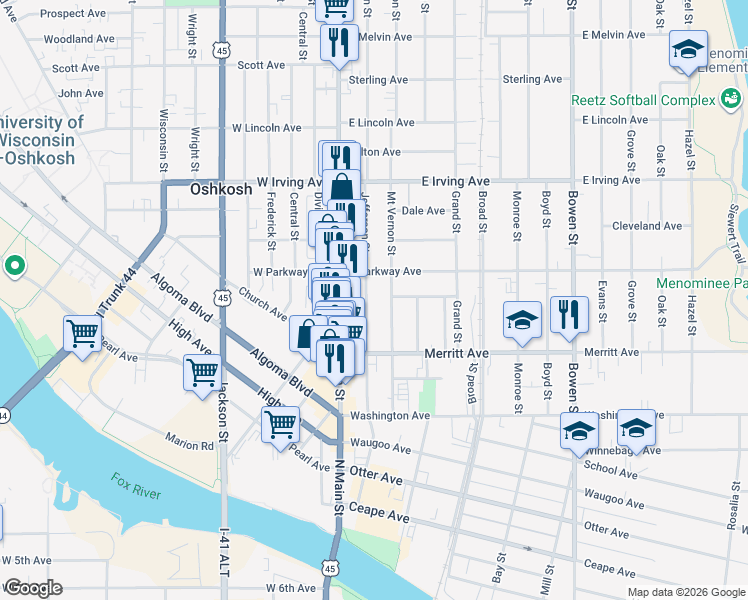 map of restaurants, bars, coffee shops, grocery stores, and more near 576 Jefferson Street in Oshkosh
