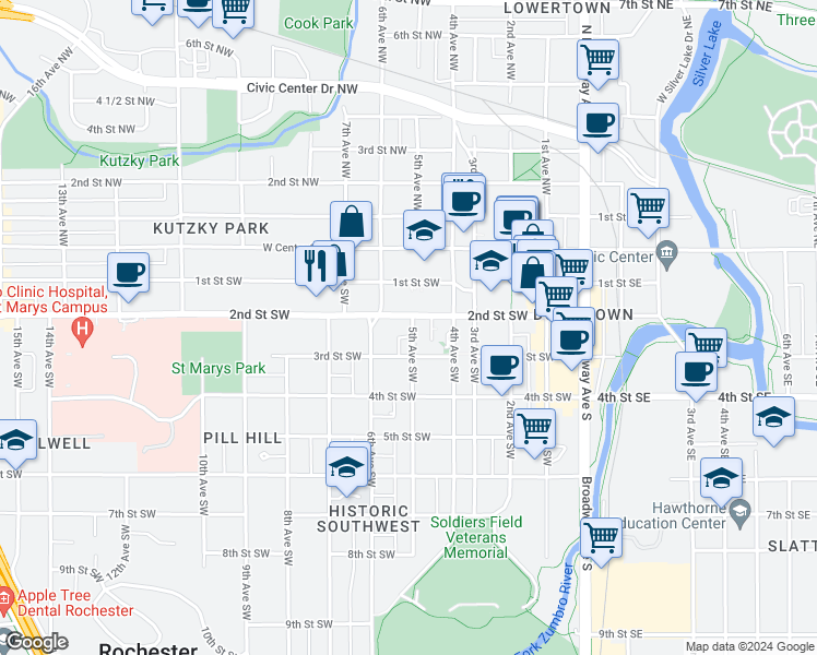 map of restaurants, bars, coffee shops, grocery stores, and more near in Rochester