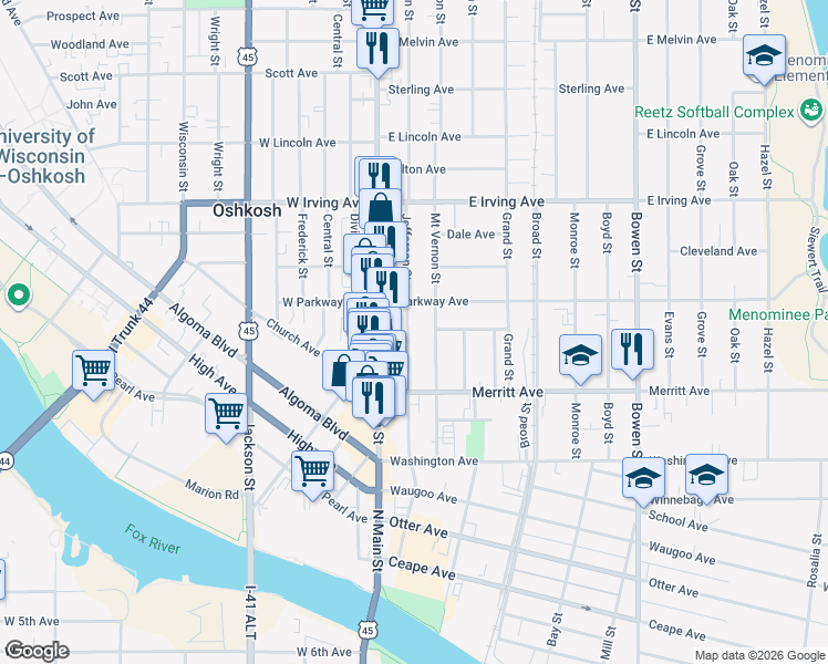 map of restaurants, bars, coffee shops, grocery stores, and more near 556 Jefferson Street in Oshkosh