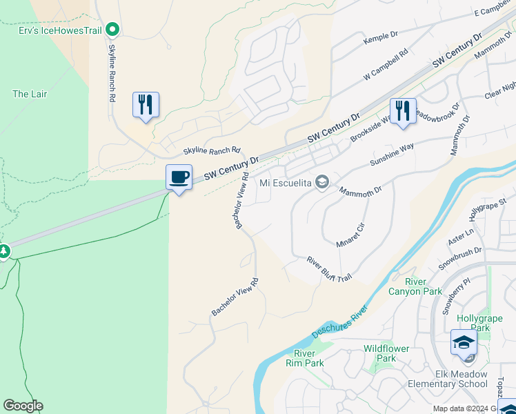 map of restaurants, bars, coffee shops, grocery stores, and more near 61196 Bachelor View Road in Bend