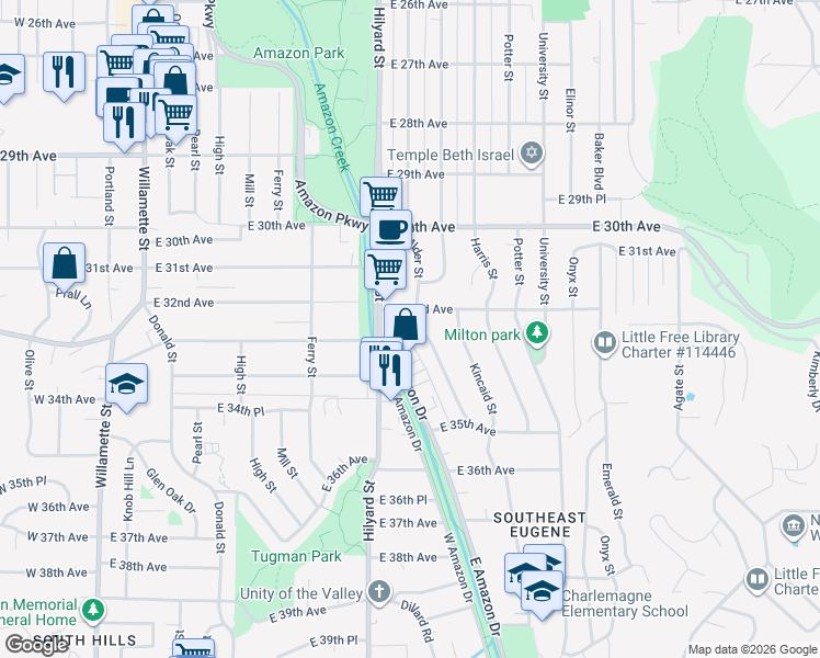 map of restaurants, bars, coffee shops, grocery stores, and more near 747 East 32nd Avenue in Eugene