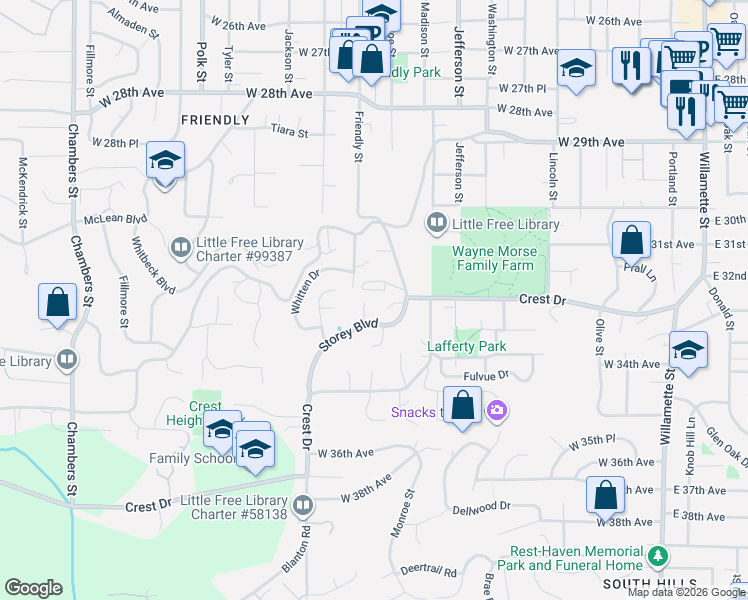 map of restaurants, bars, coffee shops, grocery stores, and more near 3111 Friendly Street in Eugene