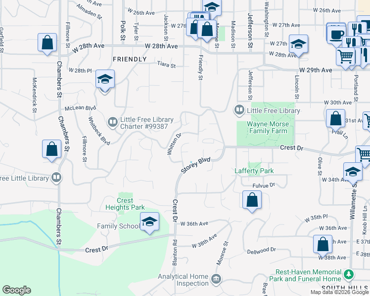 map of restaurants, bars, coffee shops, grocery stores, and more near 3115 Whitten Drive in Eugene