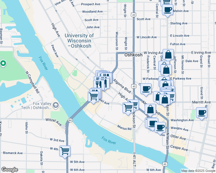 map of restaurants, bars, coffee shops, grocery stores, and more near 306 Wisconsin Street in Oshkosh