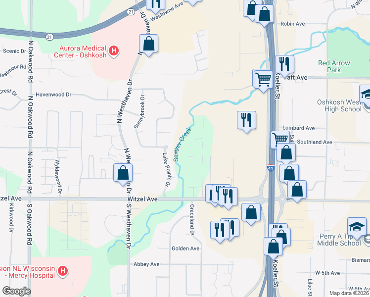 map of restaurants, bars, coffee shops, grocery stores, and more near 2230 Brookview Court in Oshkosh