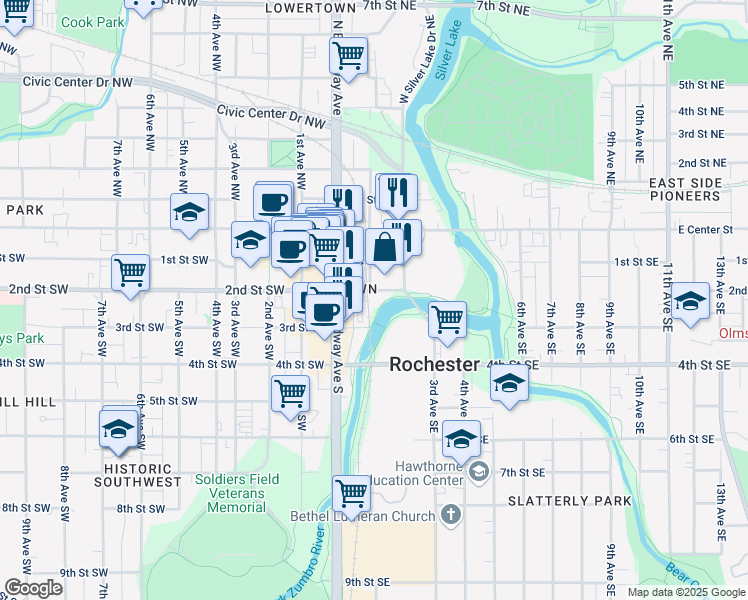 map of restaurants, bars, coffee shops, grocery stores, and more near 21 2nd Street Southeast in Rochester