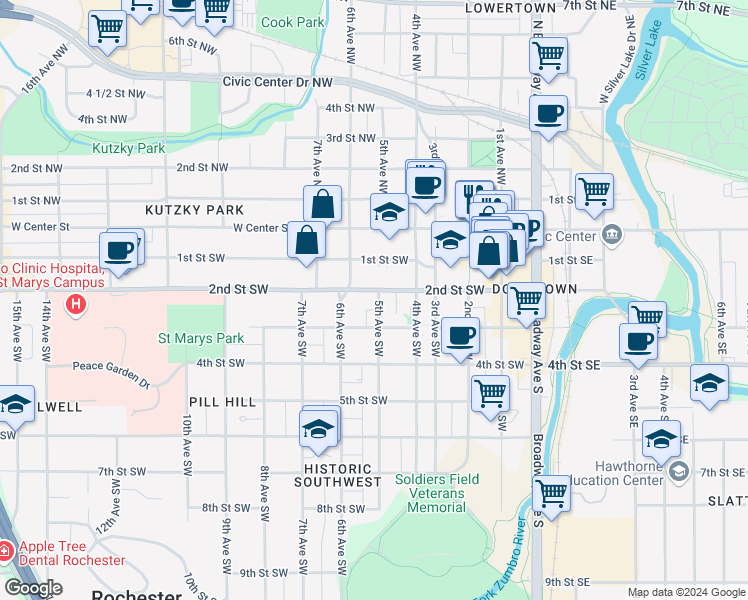 map of restaurants, bars, coffee shops, grocery stores, and more near in Rochester