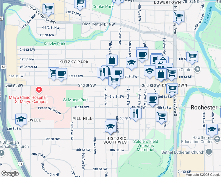 map of restaurants, bars, coffee shops, grocery stores, and more near 150 7th Avenue Northwest in Rochester