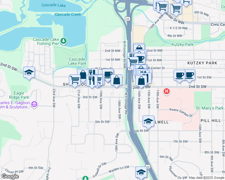 map of restaurants, bars, coffee shops, grocery stores, and more near 1751 2nd Street Southwest in Rochester