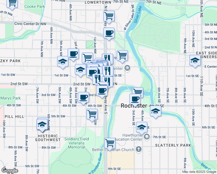 map of restaurants, bars, coffee shops, grocery stores, and more near in Rochester