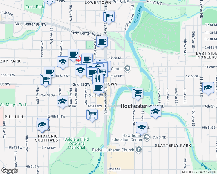 map of restaurants, bars, coffee shops, grocery stores, and more near in Rochester