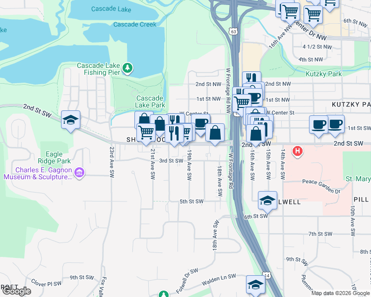 map of restaurants, bars, coffee shops, grocery stores, and more near 1923 2nd Street Southwest in Rochester