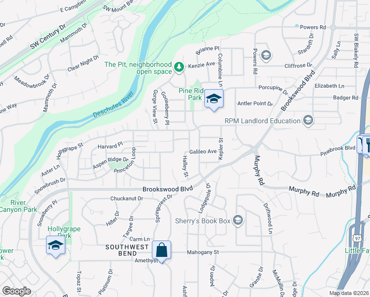 map of restaurants, bars, coffee shops, grocery stores, and more near 19782 Galileo Avenue in Bend