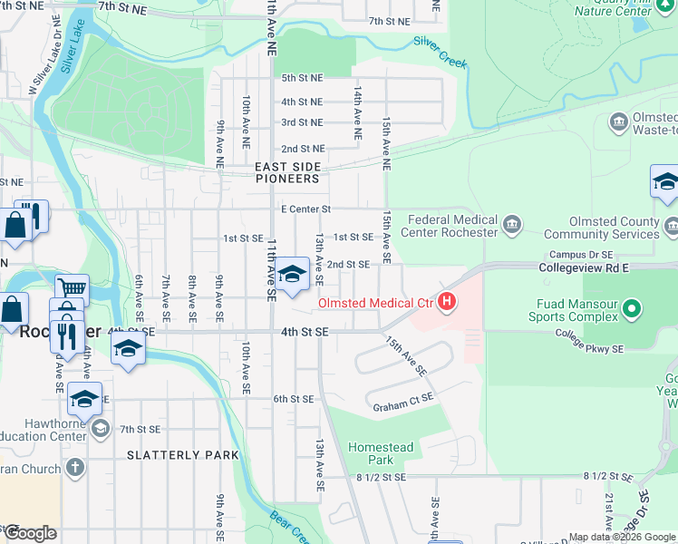 map of restaurants, bars, coffee shops, grocery stores, and more near 1403 2nd Street Southeast in Rochester