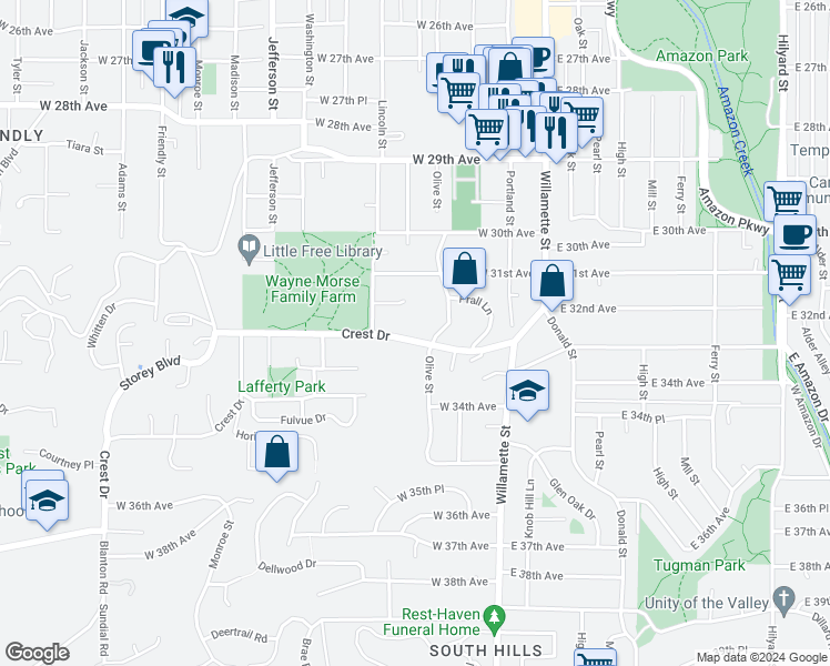 map of restaurants, bars, coffee shops, grocery stores, and more near 185 Crest Drive in Eugene