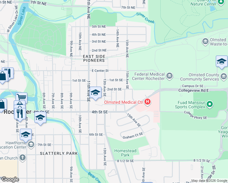map of restaurants, bars, coffee shops, grocery stores, and more near 1324 2nd Street Southeast in Rochester