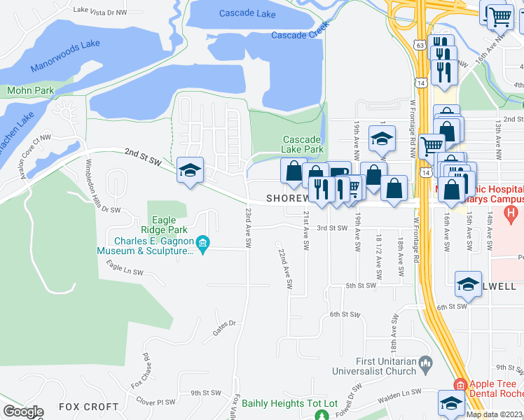 map of restaurants, bars, coffee shops, grocery stores, and more near 2214 2nd Street Southwest in Rochester
