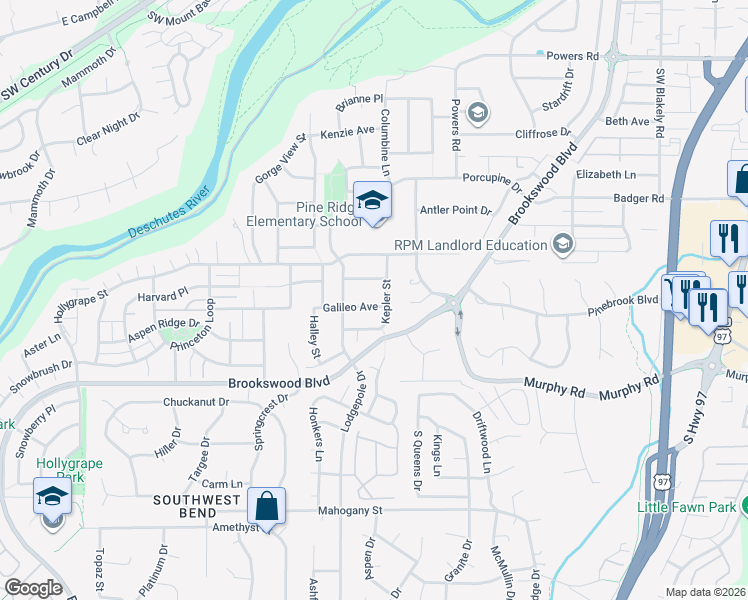 map of restaurants, bars, coffee shops, grocery stores, and more near 19856 Galileo Avenue in Bend