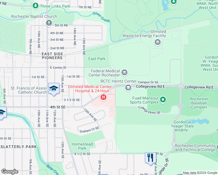 map of restaurants, bars, coffee shops, grocery stores, and more near 1657 4th Street Southeast in Rochester