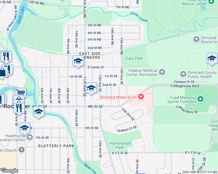 map of restaurants, bars, coffee shops, grocery stores, and more near 1328 2nd Street Southeast in Rochester