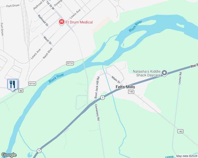 map of restaurants, bars, coffee shops, grocery stores, and more near 24362 Boot Jack Hill Road in Felts Mills