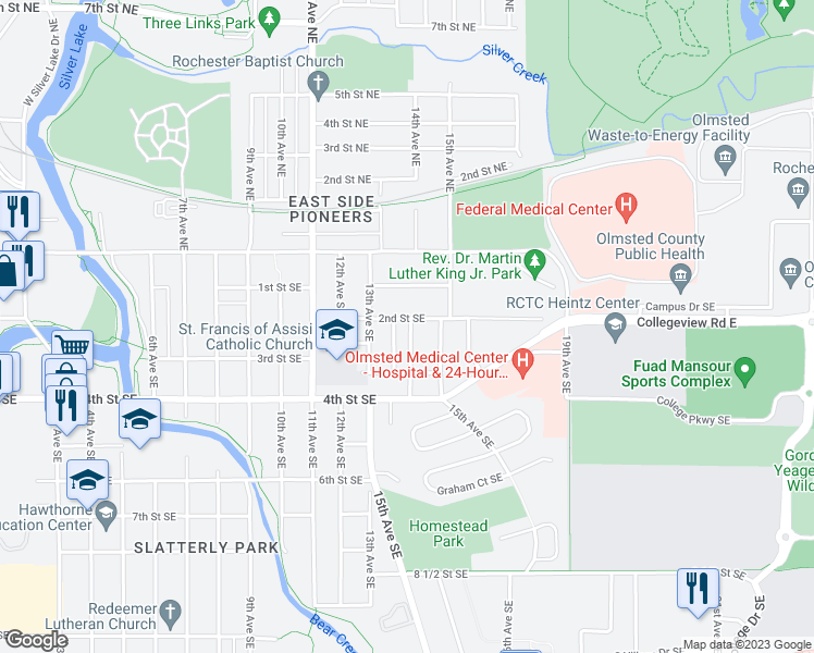 map of restaurants, bars, coffee shops, grocery stores, and more near 203 14th Avenue Southeast in Rochester