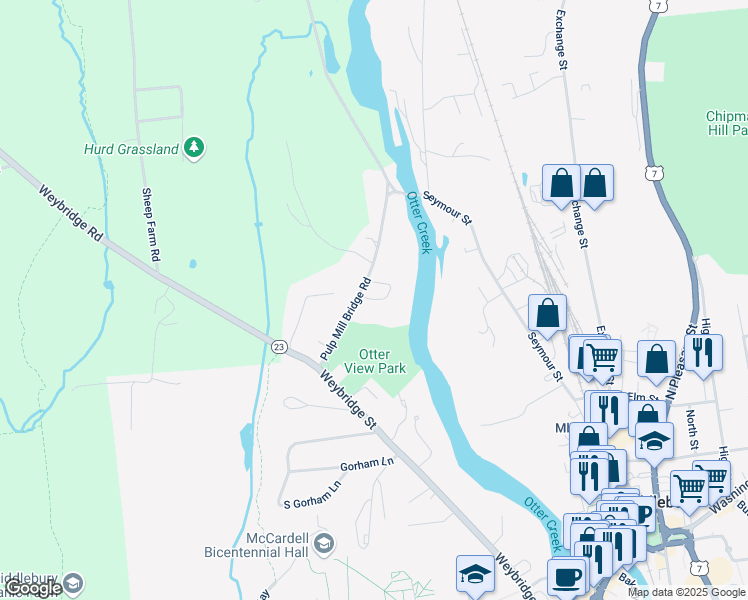 map of restaurants, bars, coffee shops, grocery stores, and more near Otter Creek Lane in Weybridge