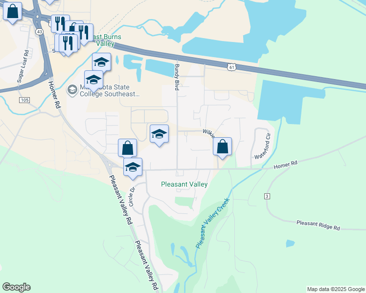 map of restaurants, bars, coffee shops, grocery stores, and more near 1410 Bundy Boulevard in Winona